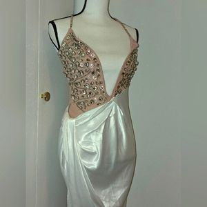 Akira asymmetrical rhinestone low v-cut neckline dress